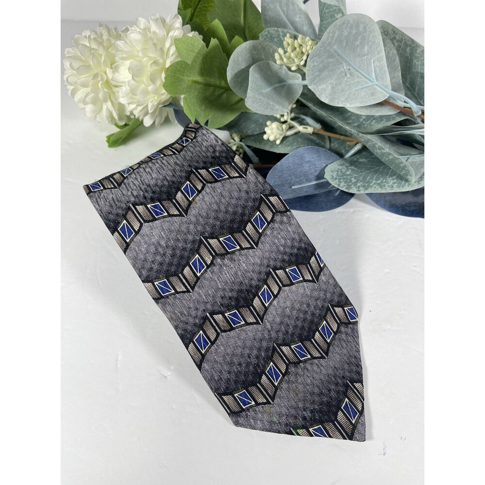 7th Ave Vintage Silk Necktie Gray Blue Geometric Art Deco Chevron Pattern Men's